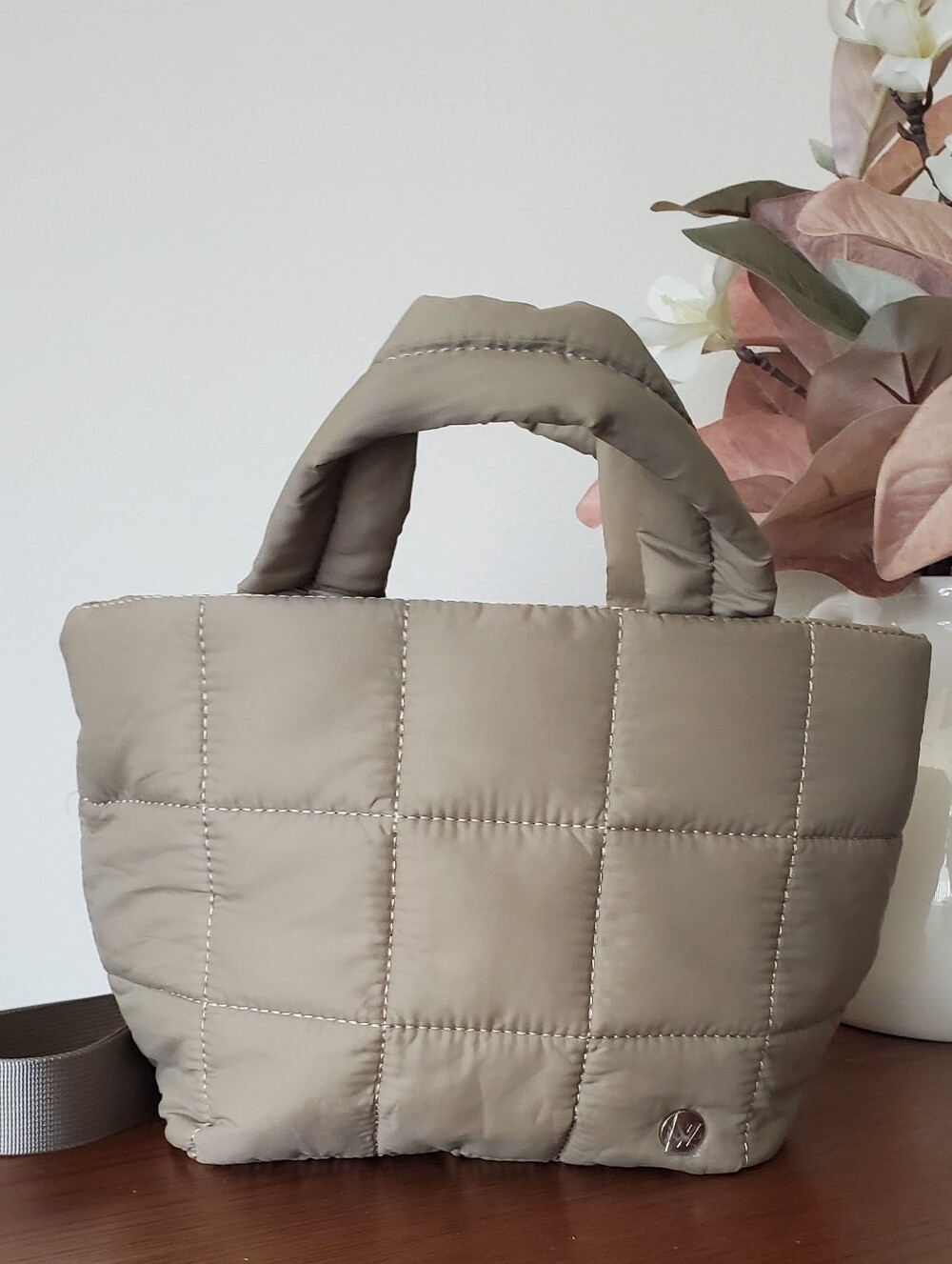 Small Quilted Puffer Tote Bag in Taupe